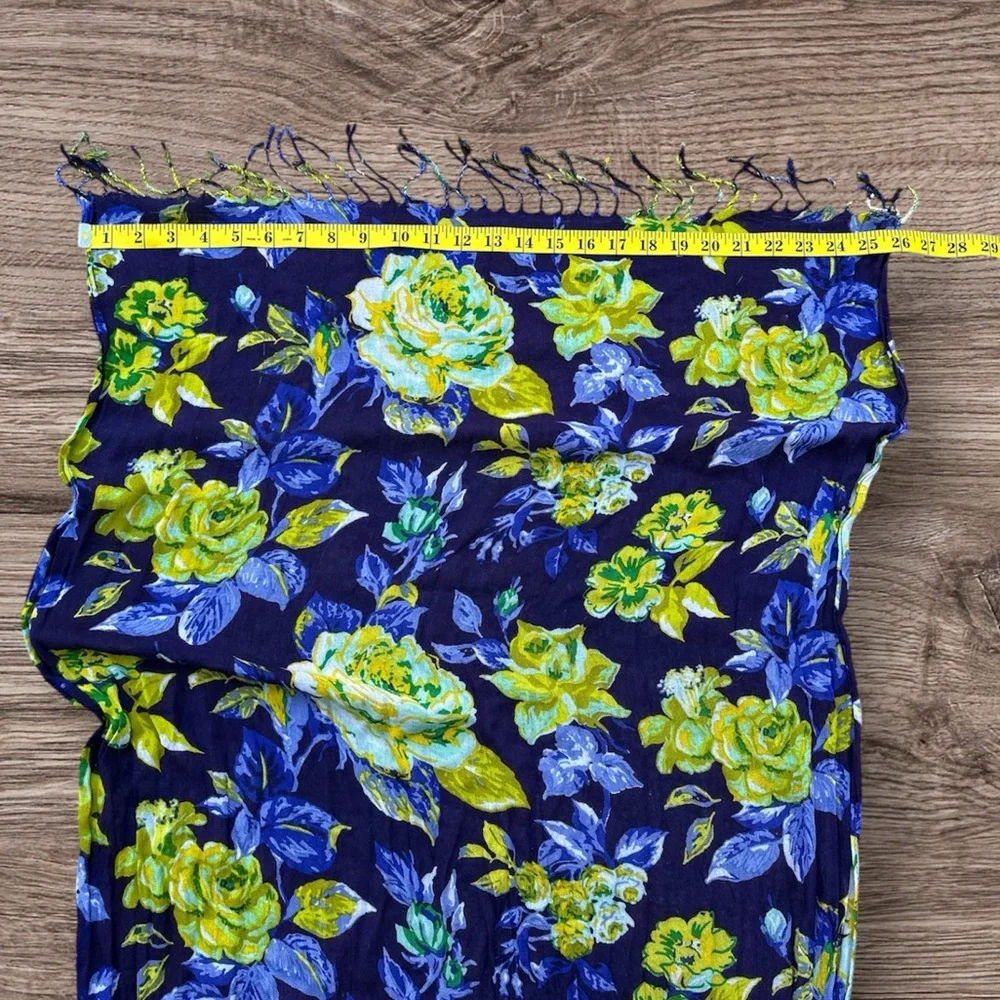 Isaac Mizrahi Blue Yellow Floral Scarf Fringe Wrap Shawl 70x26 OS